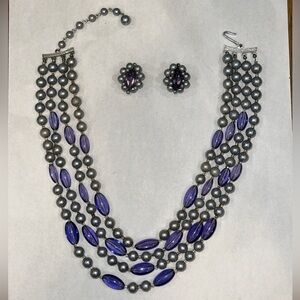 Vintage Purple and Silver Multi-strand Necklace and Clip On Earring Set